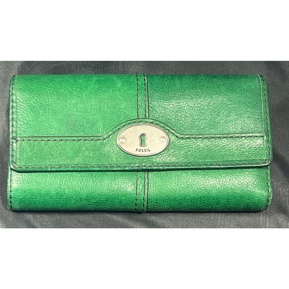 Vintage Fossil Marlow Trifold Checkbook Wallet Leather Kelly Green Keyper Cards - Picture 1 of 16